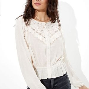 AEO Swiss Dot Lace Button Up Boho Top